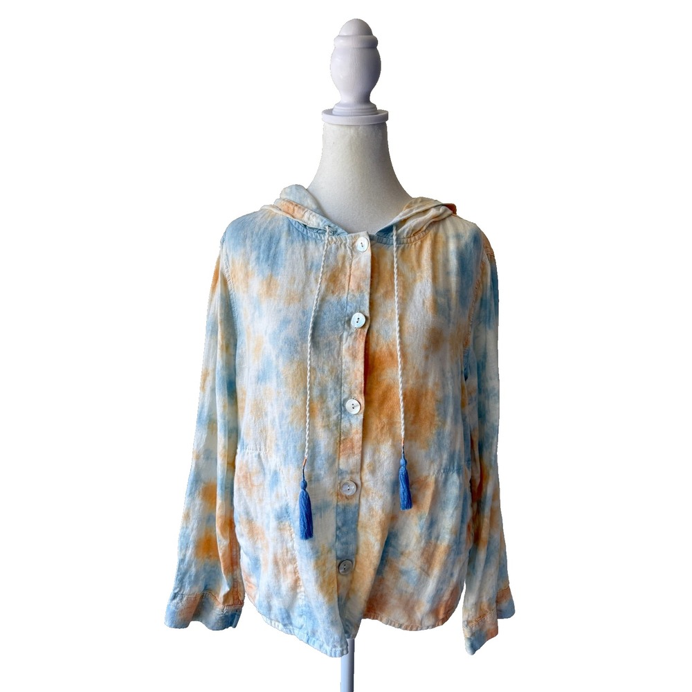 Rachel Zoe Linen Hoodie Top S Tie-Dye Button Down Tassel Hem Casual‎ Boho Beachy